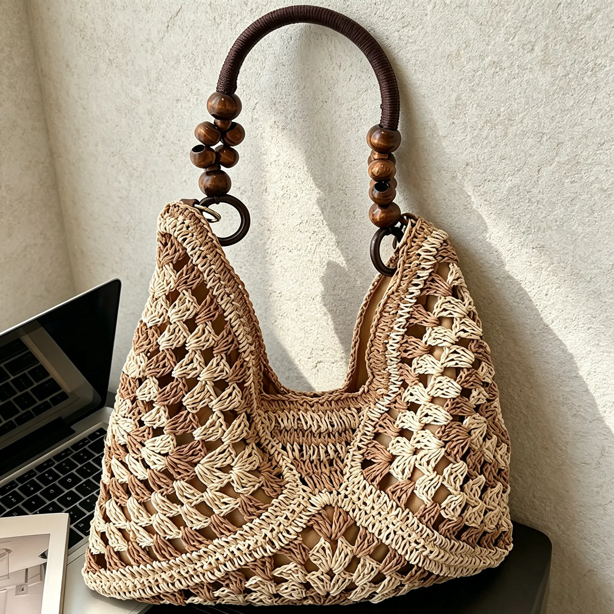 Handmade Woven Paper Rope Crochet Casual Shoulder Bag - Chic, Ultralight, Multi-Function Sports & Outdoor Gym Bag for Summer Beach Vacations, No Excess Bulk Fashion Accessory, Casual Shoulder Bags, Ultralight Shoulder Bags