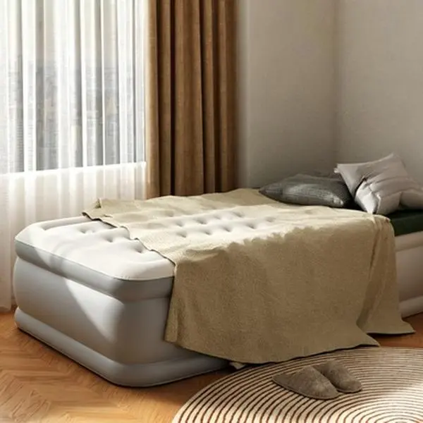 Raised Flocked Air Mattress with Built-in Electric Pump, Elevated Inflatable Bed for Home Guest Use, Camping & Overnight Travel, Thickened Leak-Proof Air Bed, Support Coil Air Cells, Quick Inflation & Deflation