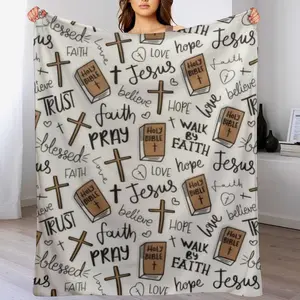 Christian Faith & Holy Bible Cross-Pattern Flannel Blanket for Bedroom & Quiet Spaces Ultra Soft Cozy Inspirational Religious Home Decor for Faith-Centered Living Enthusiasts
