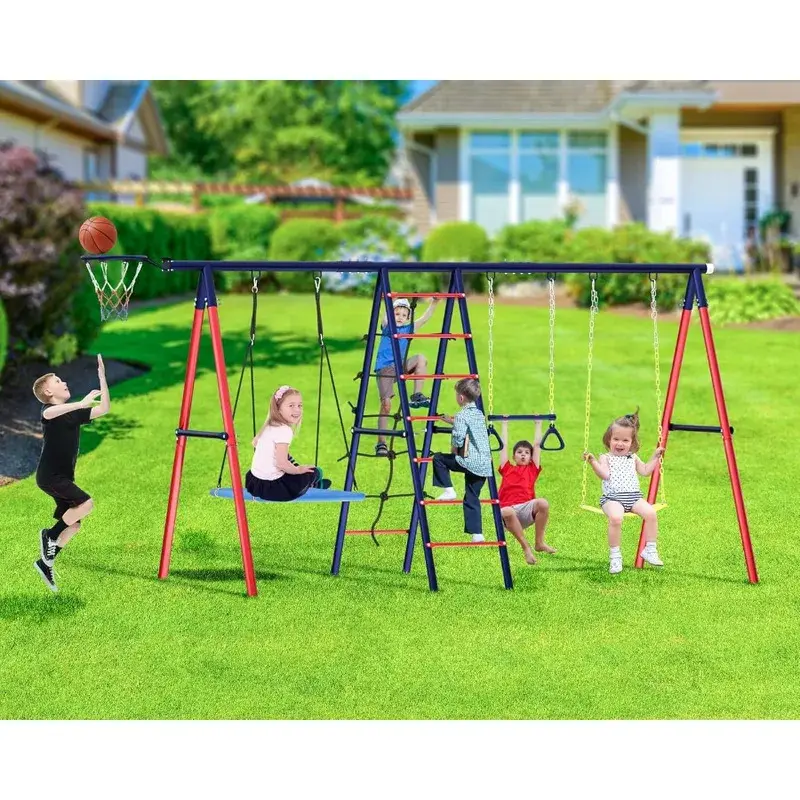 6-in-1 Heavy Duty Metal Playground Equipment - Safe Playground Equipment for Ages 3-12, Sturdy Metal Frame, 2 Swings, Climbing Ladder, Rope Net, Trapeze Bar for Outdoor Backyard Use