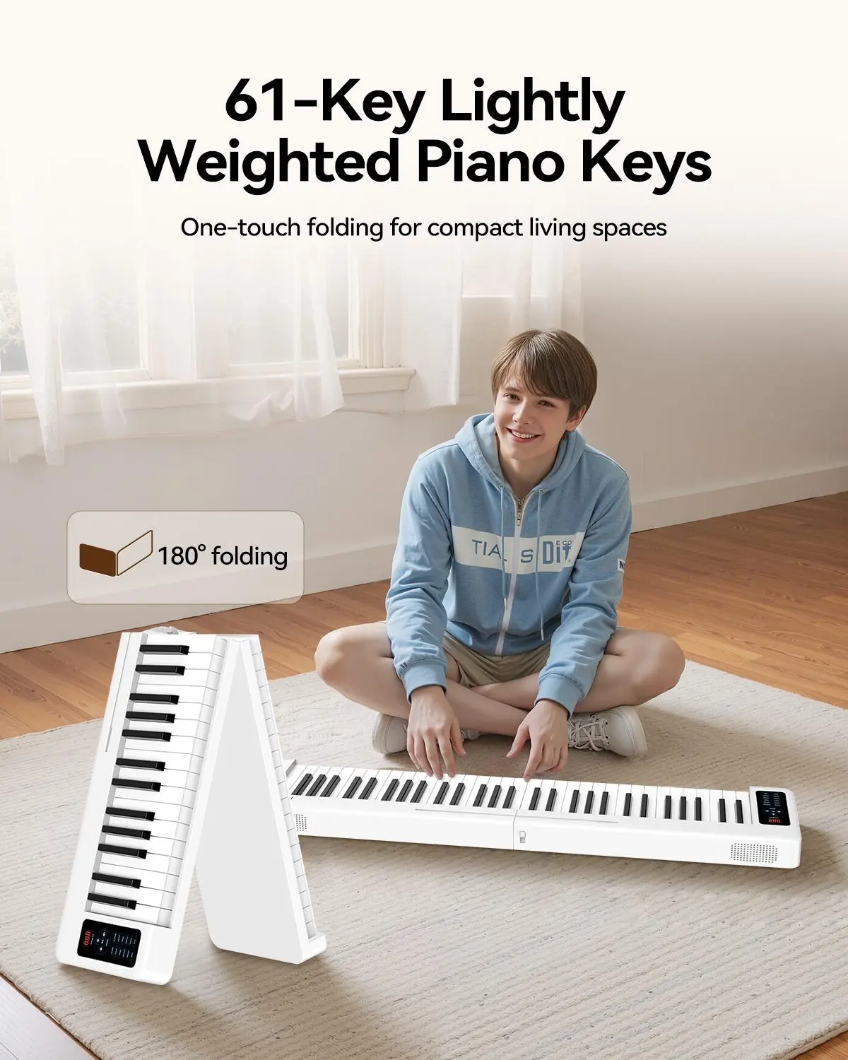 Portable 61-Key Folding Piano Keyboard | Lightly Weighted Electronic Piano for Beginners, Bluetooth MIDI, Compact for Small Spaces & Travel