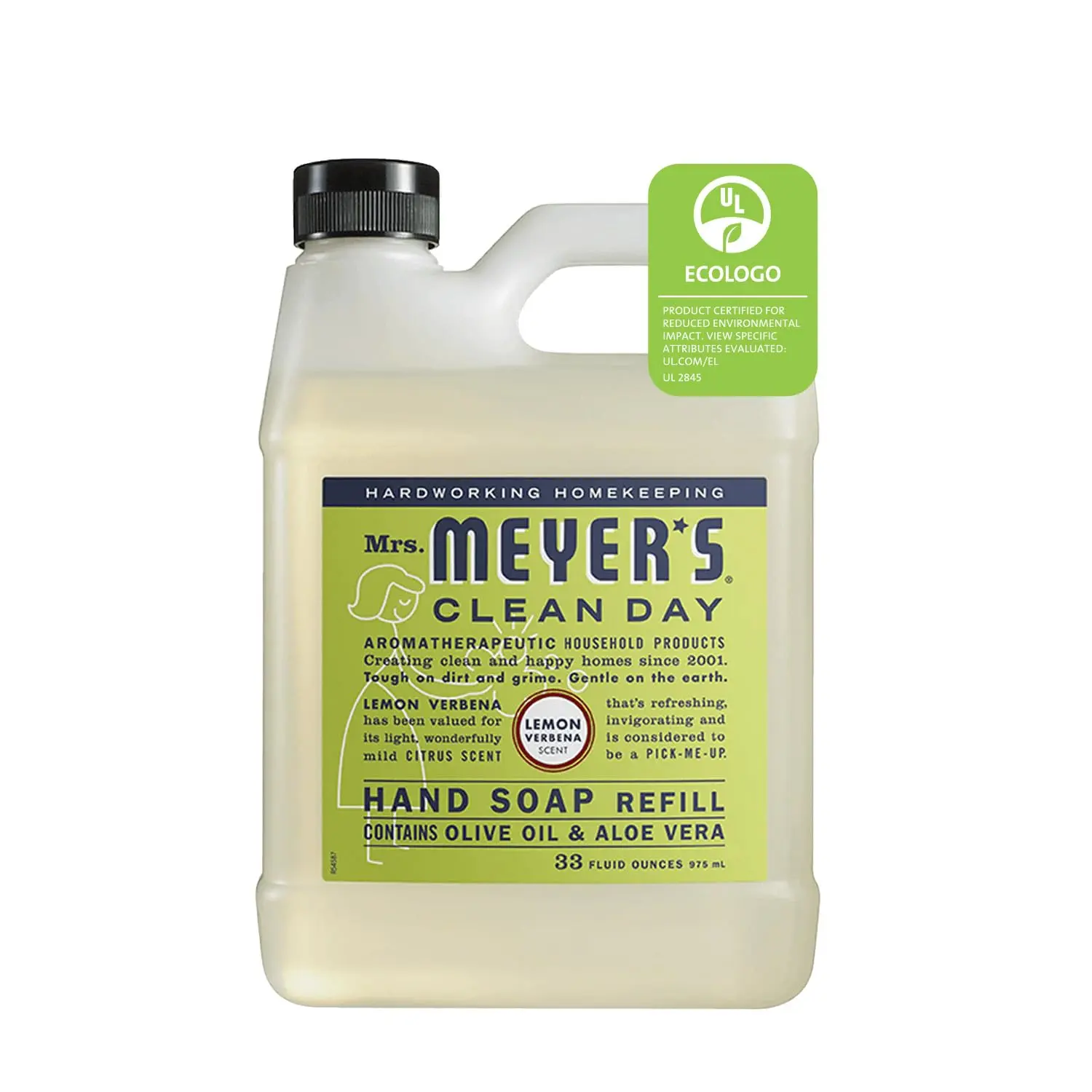 Mrs. Meyer’s Antibacterial Aroma Scented Liquid Hand Soap Refill, 1-Pack, 33 oz Large Capacity Gentle Olive Cleansing Formula, Lemon Verbena Fragrance, Daily Moisturizing, All Skin Types, Cruelty-Free Biodegradable Cleanser, Natural