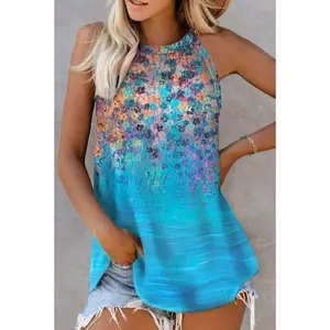 Blue Floral Halter Neck Tank Top