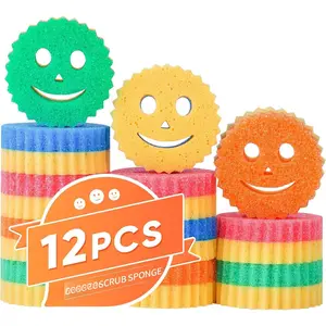 12 Colorful Smile Scrub Sponges, Temperature Controlled Dish Sponge, Double Sided Bulk Kitchen Sponges for Cleaning, Multi Functional Cleaning Sponge for Kitchen, Bathroom, Floor