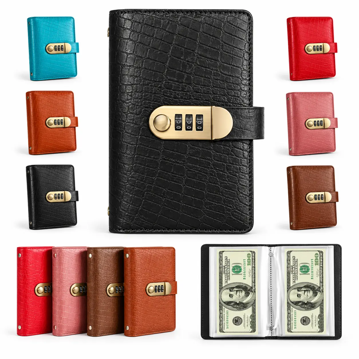 100-Grid Password Lock PU Leather Banknote Collection Album with Sleeves - Office Stationery Binder Accessory for Household Use Savings Storage, School Class Meeting Activity Rewards