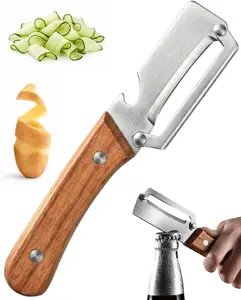 Multi Functional Vegetable Peeler with Wooden Handle and Bottle Opener, Stainless Steel Kitchen Peeler Tool for Potato Apple Pumpkin Papaya, Premium Single Blade Food Peelers (1PCS)