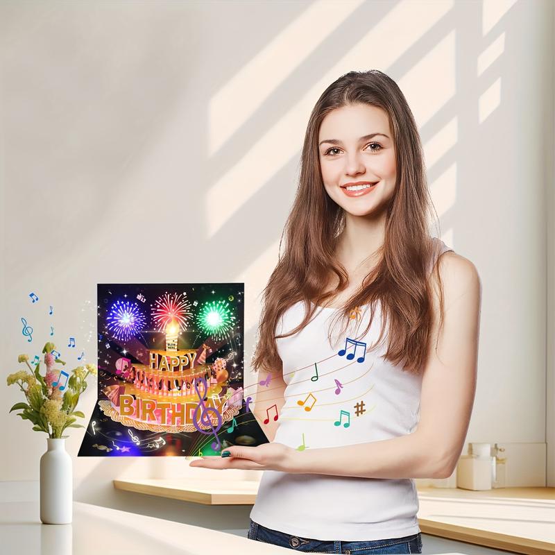 Happy Birthday Pop-Up Card with Blow The Candle, Birthday Cards Fireworks Pop Up Cake LED Light and Music, Singing Happy Birthday Gifts Decorations for Husband, Women, Kids, Son, Her, & Dad