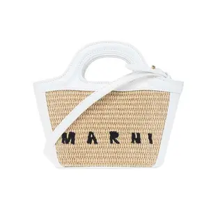 MARNI TROPICALIA Logo Print Woven Raffia and Raffia Leather Bucket Tote Bag for Women in White and Beige