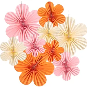 Paper Flowers Decorations for Wall Pink and Orange Paper Fans Classroom Decoration Paper Floral Backdrop Decor Paper Fans Decoration Hanging Paper Fans Pink Flower Wall Decor, Set of 9