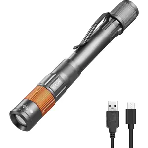 Rechargeable Pen Light, 300 Lumens EDC Flashlight, Zoomable LED Pocket Flashlight with Clip, Memory Function and USB C  Included, for Camping, , Gray