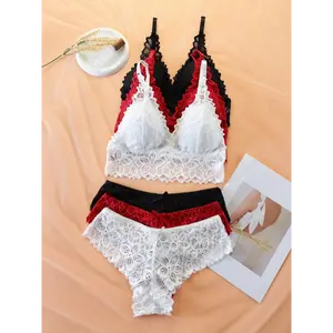 3 Sets Wireless Floral Lace Bra & Panties Lingerie Set, Push Up Bow Tie Design