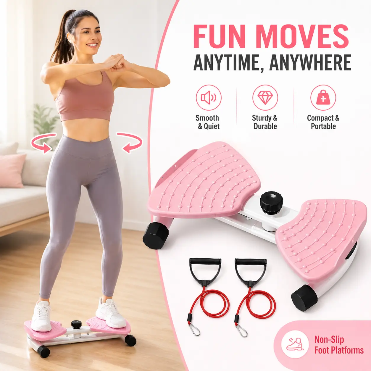 Women’s 360-Degree Easy Twist Board with 2 Resistance Bands, Non-Slip Quiet Core Trainer, Portable Workout Machines for Home, Hand Tool Fitness Accessory