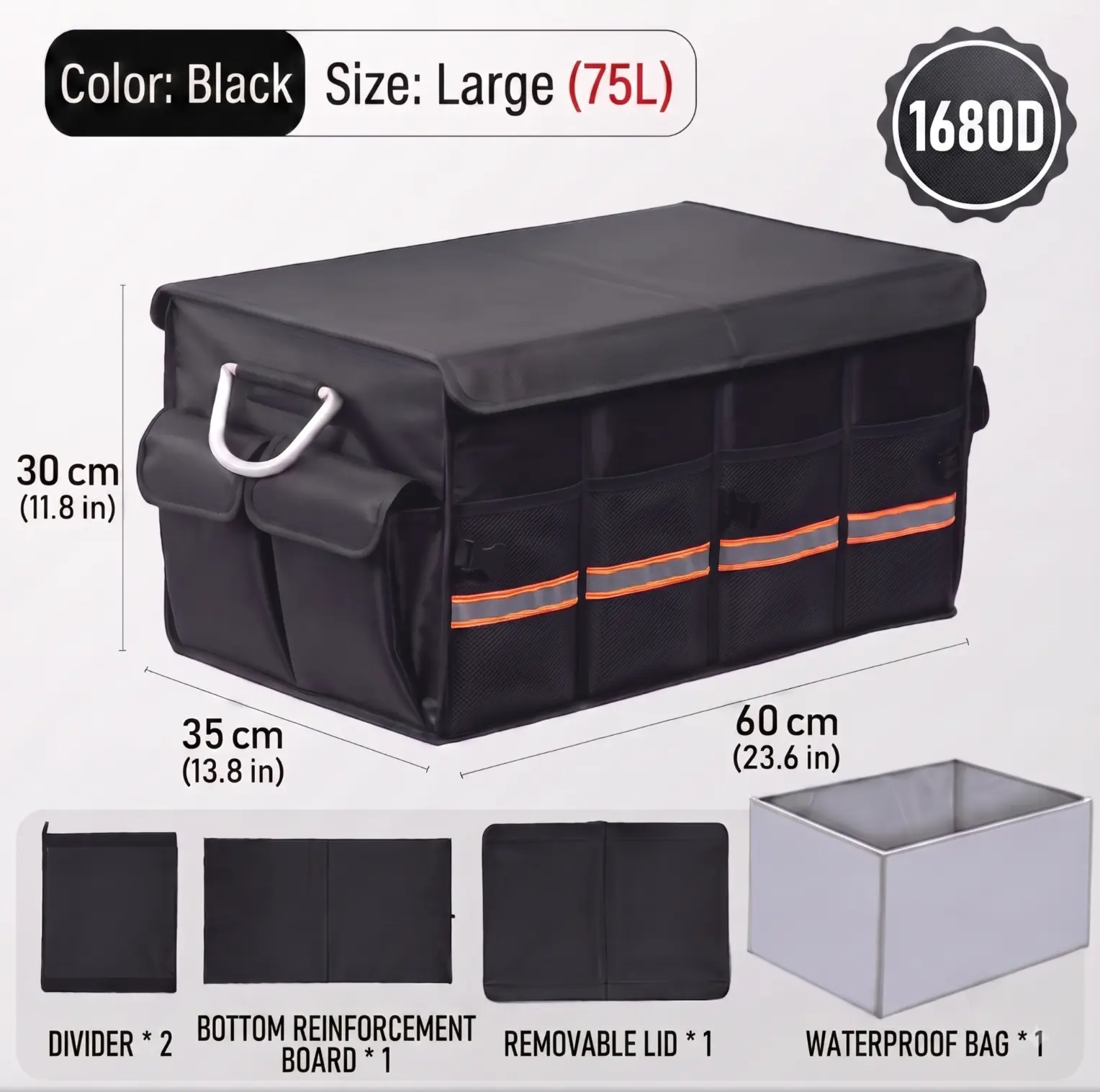 Car Trunk Organizer Black Foldable 1680D Heavy-Duty Oxford Storage Box with Lid and Insulated Cooler Bag,3 Compartments Medium Size Durable Car Storage Organizer for SUV Truck, Keeps Groceries, Tools and Essentials Neat and Secure in Vehicle Trunk