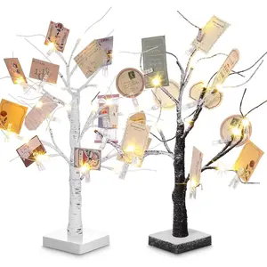 2 Pcs Money Tree Gift Holder Gift Card Holder with 18 Inch LED Lights Birch Money Tree Decorations Battery Powered Table Centerpieces with 30 Clear Clips for Father's Day Party Wedding Birthday