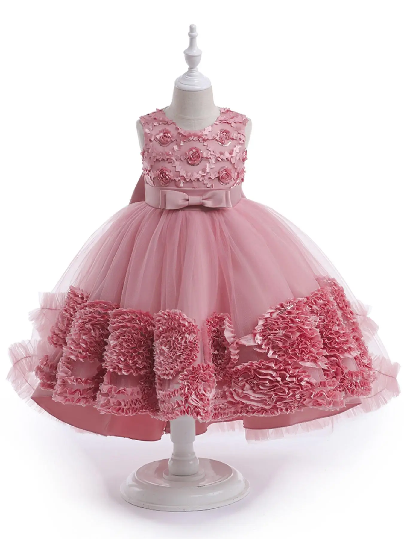 Girl's Appliques Bow Decor Contrast Mesh Dress, Elegant Contrast Sequin Round Neck Dress for Party, Evening Party Pageant Prom Summer Clothes for Girl