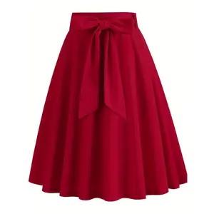 Elegant Black A-Line Skirt with Large Bow Detail - High Waisted, Flowy Polyester Skirt for Women, Machine Washable, All-Season Wear