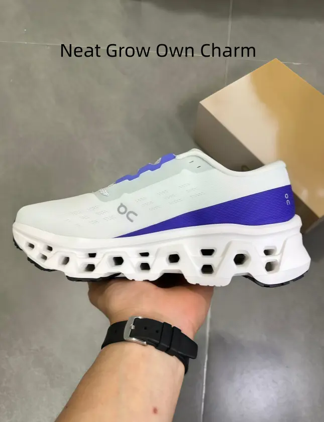 Clean white mesh running trainers with vibrant royal blue accents & chunky hollow multi-hole cushion midsoles