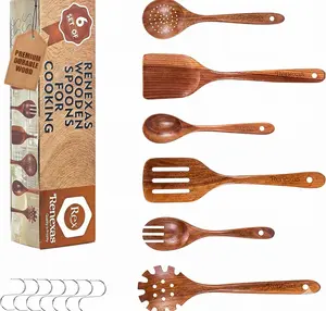 6 Pcs Wooden Spoons for Cooking Utensils, Natural Teak Wooden Cooking Spoons with Nonstick Spatula Set, Bamboo Kitchen Utensils With Holder, Wood Spoon Set for Kitchen Essentials
