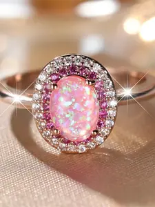 Large oval stone elegant pink synthetic opal rings for women vintage pink gold color engagement promise bands wedding jewelry bride gifts Fashion engagement rings