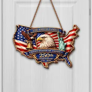 250th Anniversary Wooden Hanging Sign, Wreath Personalized Patriotic Door Sign Decor 1776-2026 Family Name Gift