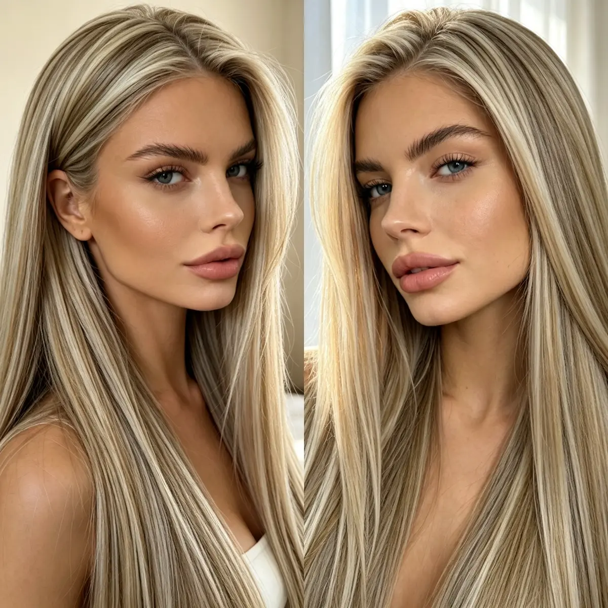 Long Straight Ash Blonde Highlight Wig For Women Natural Free Part Silky Synthetic Hair Wig Realistic Scalp Full Thick Hair Back View Hairstyle Daily Wear