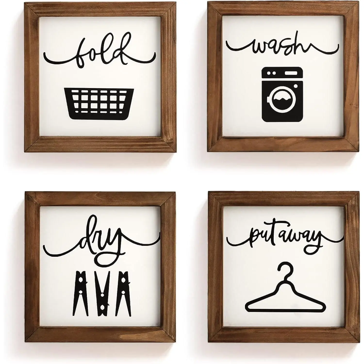 Laundry Room Decor for Wall Farmhouse Signs Set of 4 Wash Dry Fold Put  Rustic Decor for Shelf Laundry Wall Art with  Frame Decorative Room Sign 8'' x 8''