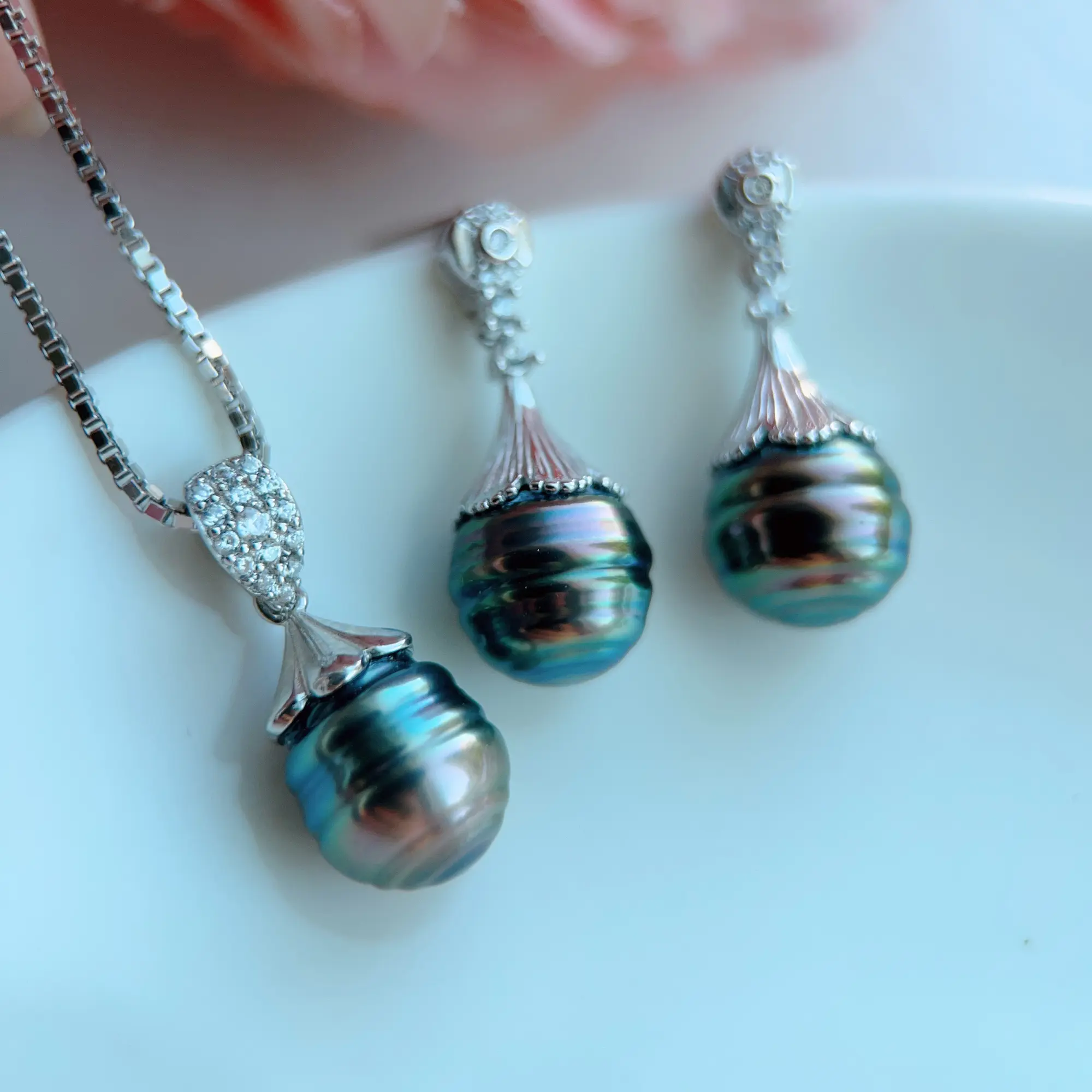 Piswency Genuine Black Tahitian Seawater Pearl Jewelry Set, Baroque Saltwater Pearl Earrings and Necklace, 925 Sterling Silver Jewelry Gift for Mother's Day