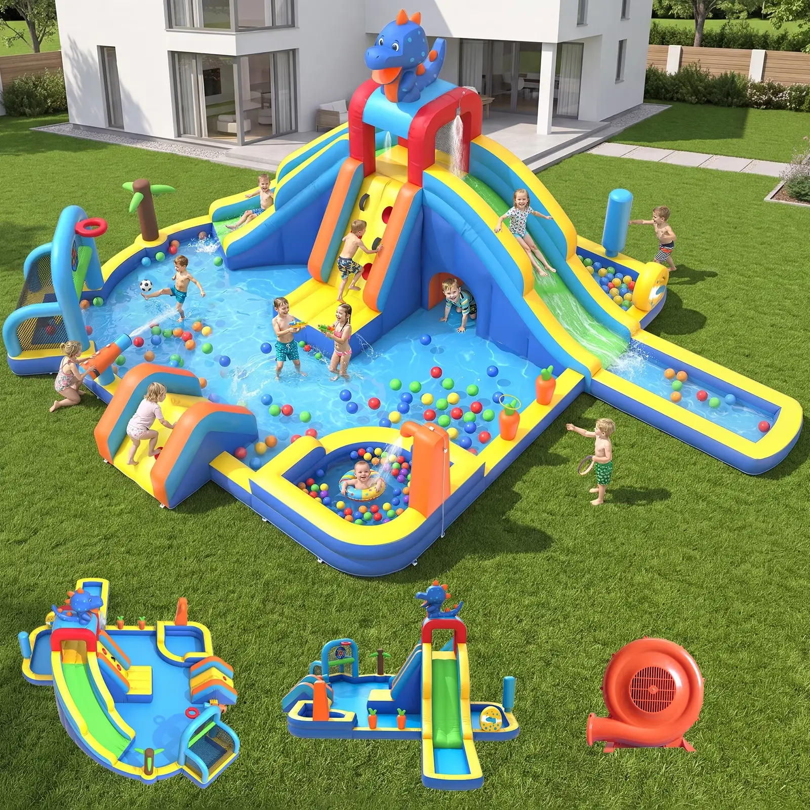 #DealsForYouDays Mukidy 2026 New Oxford Cloth 10-in-1 Inflatable Waterslide Bounce House - Kiddie Inflatable Multi-Play Set with Splash Pool, Water Gun, Basketball Hoop, Climbing Wall, Soccer Goal, 750W Air Blower (272"X200"X114") for Kids Ages 3-8, Swimm