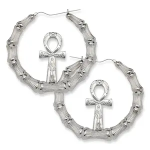Ankh Cross Ends 925 Sterling Silver Bamboo Hoops, Earrings