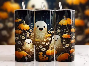 Ghosts and Pumpkins Tumbler Cup Mug With Straw and Lid