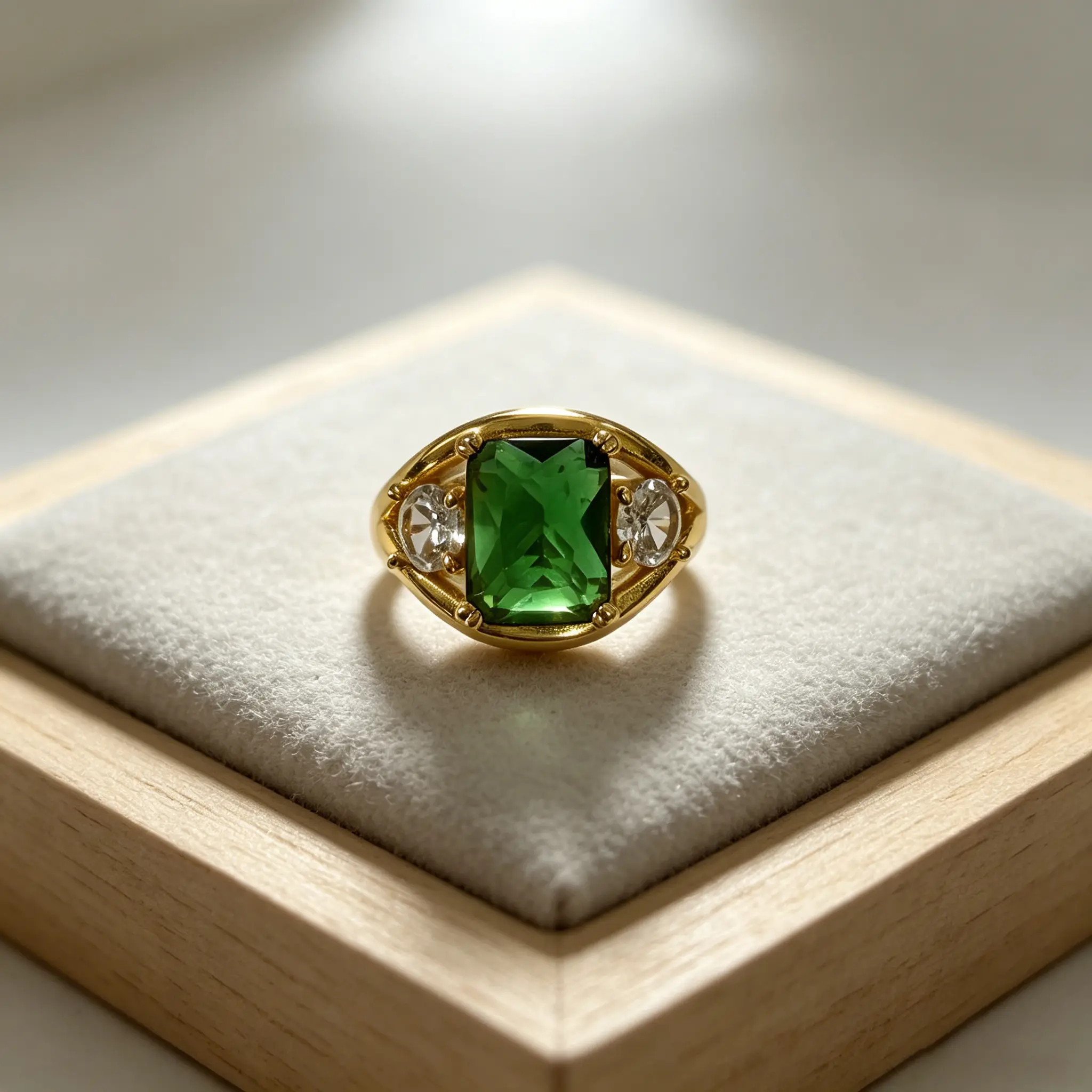 Gold Plated Copper Emerald Cut Emerald Green Synthetic CZ Three Stone Ring, Vintage Victorian Oval White Side CZ Wide Band Statement Cocktail Ring, Women Party Daily Stackable Jewelry