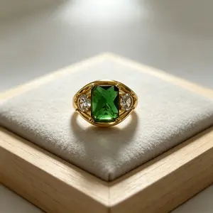 Gold Plated Copper Emerald Cut Emerald Green Synthetic CZ Three Stone Ring, Vintage Victorian Oval White Side CZ Wide Band Statement Cocktail Ring, Women Party Daily Stackable Jewelry