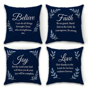 4pcs-Navy Blue Throw Pillow Covers, Leaf Pattern, "Believe, Faith, Joy and Love" Text Design, Creates a Strong Family Atmosphere, Home Spring Décor Products, Suitable Living Room, Bedroom, Sofa and Bed Decoration, Single Sided Printing, No Pillow Core