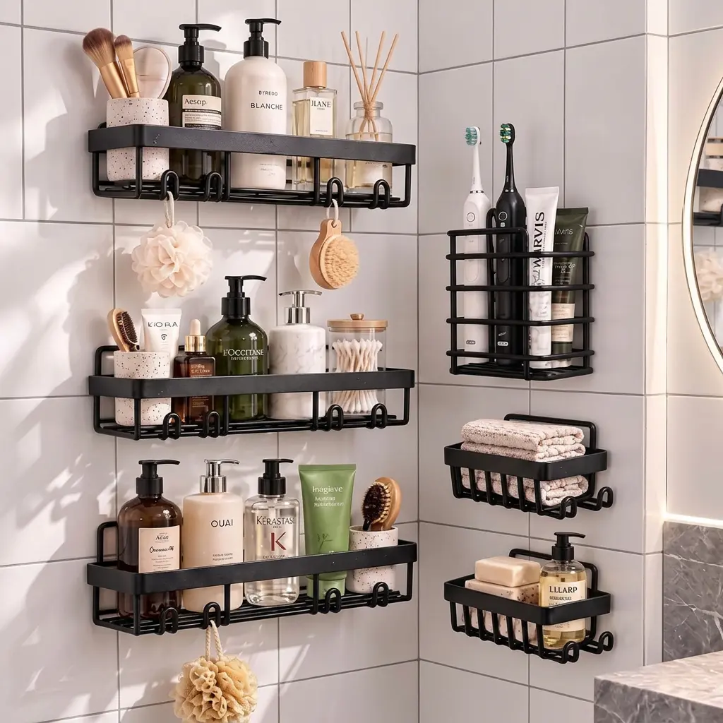 FEELSO 6 Pack Adhesive Shower Caddy Set, Rustproof Stainless Steel Bath Organizers, Large Capacity, No Drilling Shelves with Soap Holder,4 Hooks Wall-Mounted for Bathroom Storage & Home Decor, Easy Installation