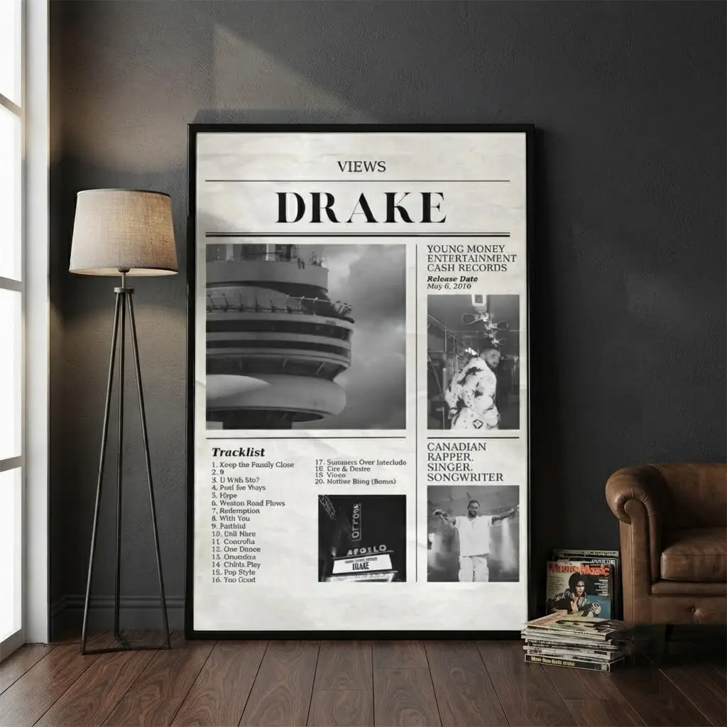 Drake Views Framed Canvas Wall Art - Newspaper-Style CN Tower Black White Collage Tracklist Poster, Artistic Vintage Hip Hop Print, OVO Fan Collectible, Teen Room Decor Gift for Bedroom Music Studio Wall Hanging