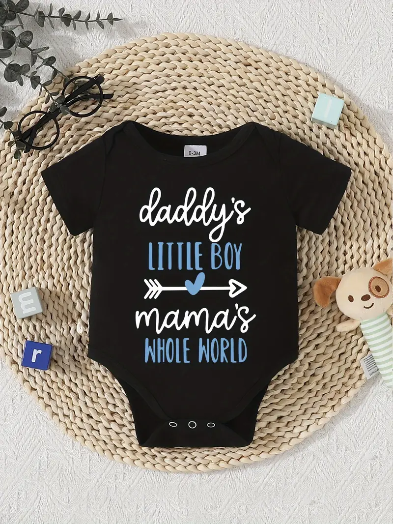 Daddy's Little Boy Casual Babywear Black Cotton Bodysuit for Baby & Toddler Boys - Short Sleeves, Non-Transparent, Tagless Design, Machine Washable