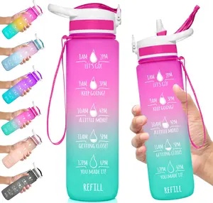 32 oz Water Bottle with Time Markings Hourly BPA Free Reusable Leak Proof with Straw and Carrying Strap 1 Liter
