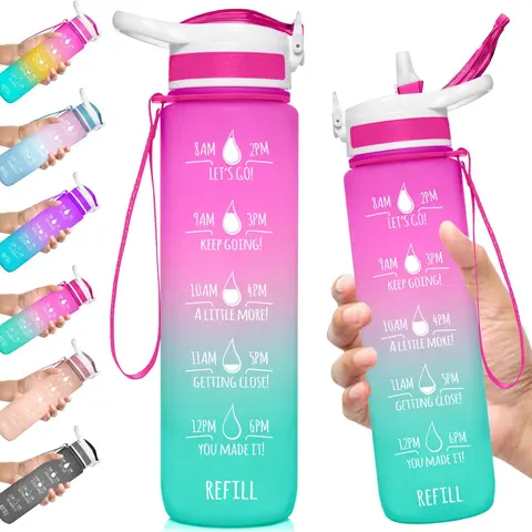 32 oz Water Bottle with Time Markings Hourly BPA Free Reusable Leak Proof with Straw and Carrying Strap 1 Liter