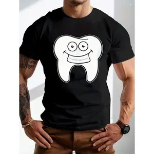 Easter Dental Squad Graphic Black Short Sleeve Crewneck T Shirt for Men Muscular Male Model Studio Shot Casual Summer Breathable Tee with Pastel Bubble Font And Cute Anthropomorphic Tooth Bunny Characters Perfect Gift for Family Friends