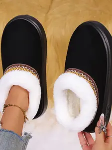 Women’s & Men’s Classic Embroidered Fleece-Lined Snow Slippers, House Slippers, Faux Suede & Faux Fur Design with Warm Plush Lining, Thick Non-Slip Sole for Indoor Outdoor Use, Home Slippers