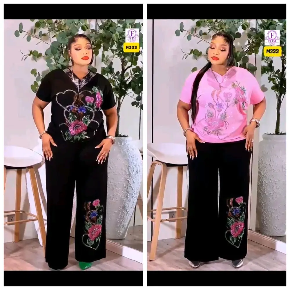 Women's 2-Piece Sequin Floral Print Long Sleeve Blouse & Pants Set, V-Neck Breathable Stylish Womenswear Ensemble