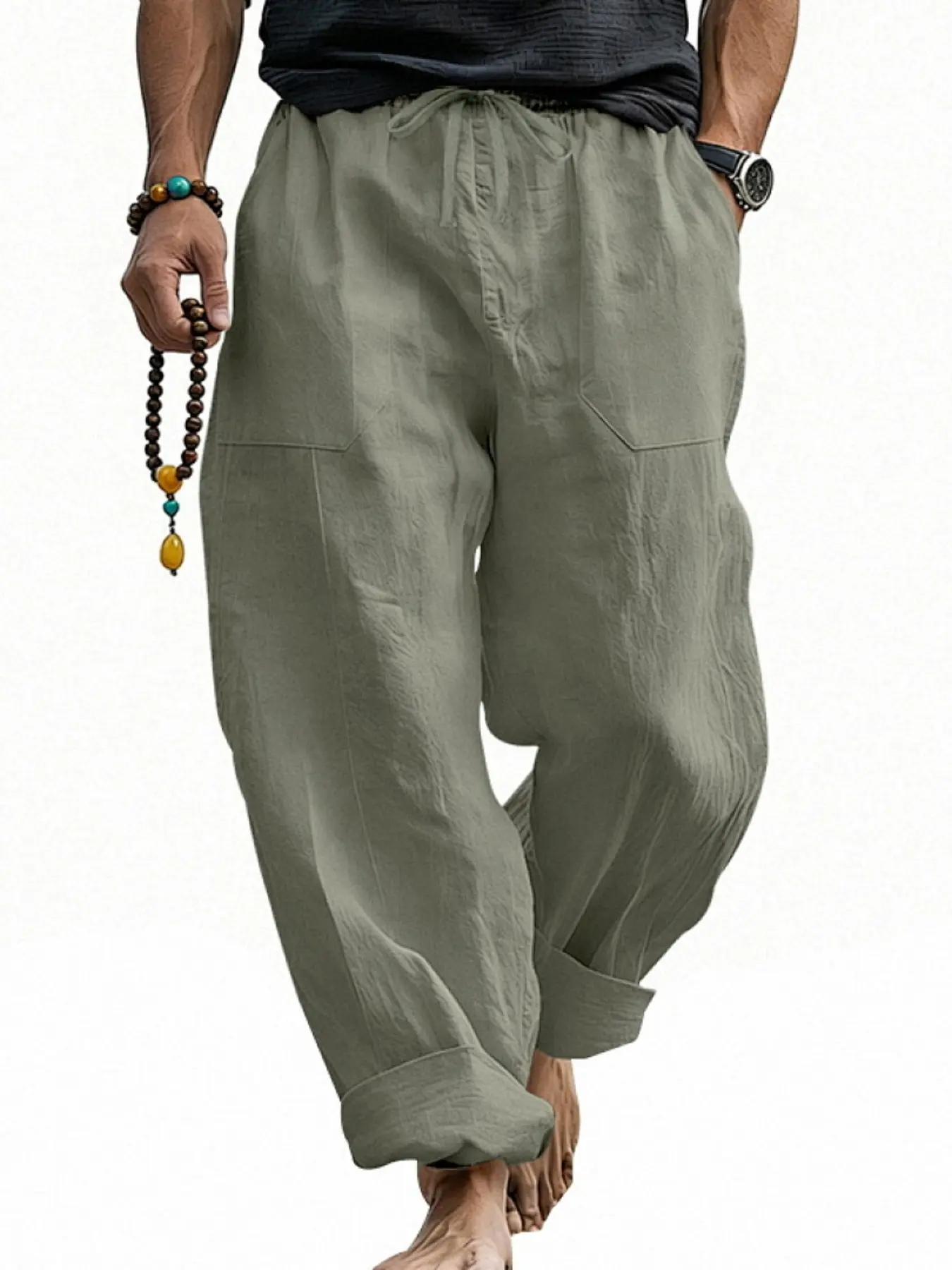 Men's Casual Comfy Baggy Tropical Linen Long Trouser Pants with Pockets, Drawstring Trousers, Breathable Oversized Loose Fit Beachwear, Trendy American Style Sportswear, Comfortable Summer Wear