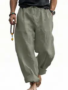 Men's Casual Linen Long Pants, Breathable Loose Fit Beachwear, Trendy American Style Sportswear, Comfortable Summer Wear
