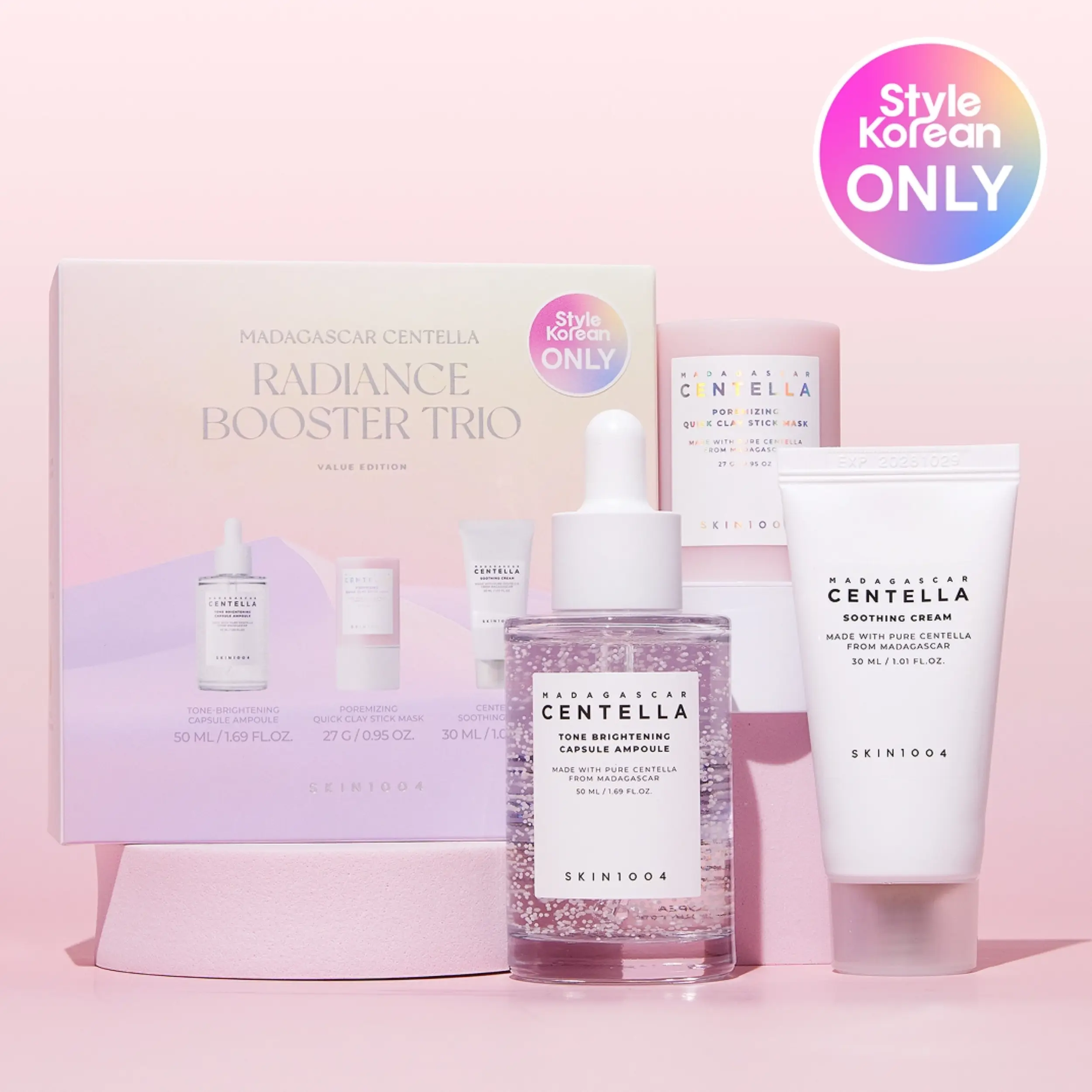 [Skin1004] Ampoule, Mask, Cream Set (Madagascar Centella Tone Brightening Capsule Ampoule 100ml + Madagascar Centella Poremizing Quick Clay Stick Mask + Madagascar Centella Soothing Cream 30ml)