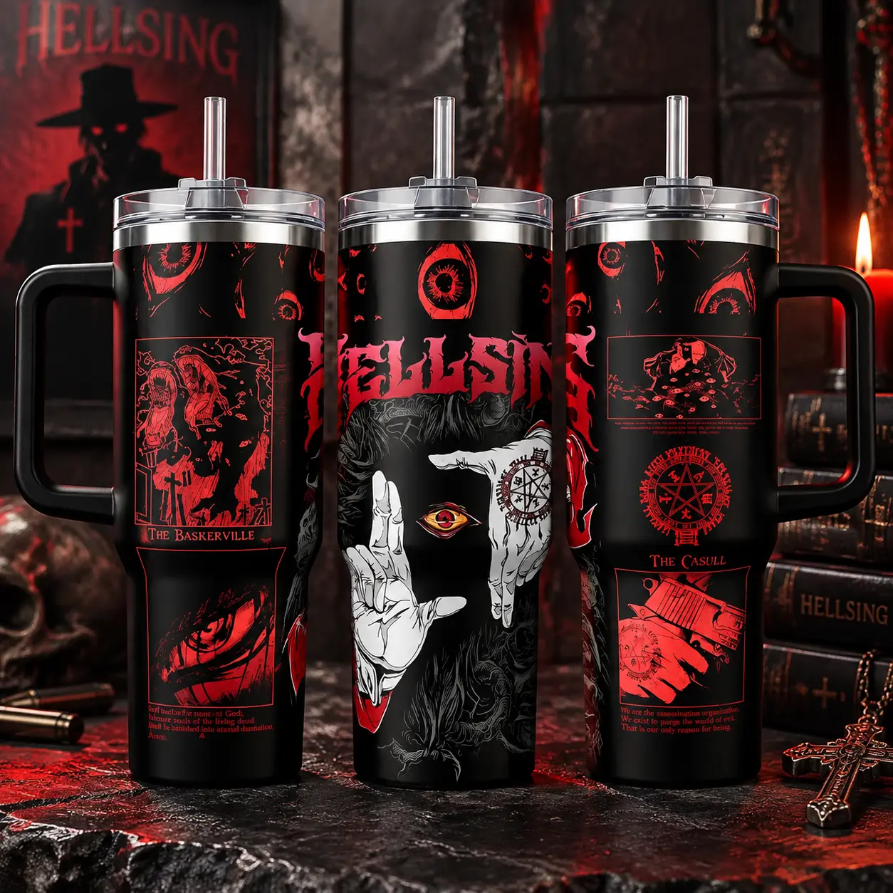 Alucard Hellsing 40oz Tumbler with Handle, Anime Inspired Travel Mug with Straw, Stainless Steel Insulated Cup, Anime Fans Gift, Gift For Your Health