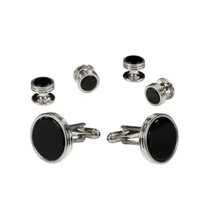 Black Circular Onyx with Silver Concentric Circles Studs & Cufflinks Set