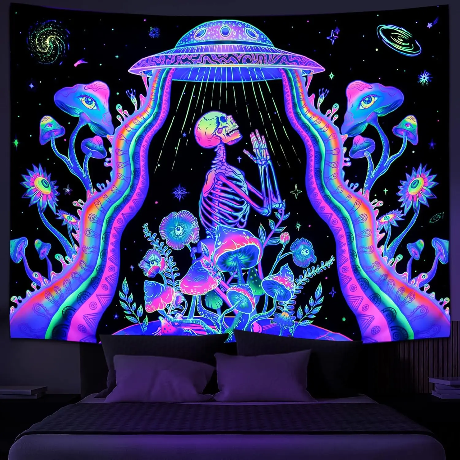 Galoker Blacklight Skeleton Tapestry Fantasy Plant Floral Tapestries UV Reactive Alien UFO Tapestry Galaxy Space Tapestries Wall Hanging for Home Decor(H51.2×W59.1 inches)