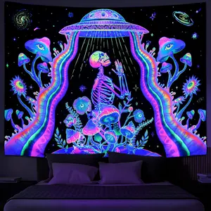 Galoker Blacklight Skeleton Tapestry Fantasy Plant Floral Tapestries UV Reactive Alien UFO Tapestry Galaxy Space Tapestries Wall Hanging for Home Decor(H51.2×W59.1 inches)