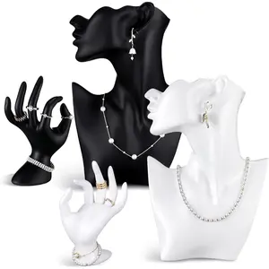 4 Pack   Mannequin Display Set Necklace Earring Display Stand and Female Mannequin Hand Ring Bracelet Holder Bust Organizer Black White for Shows Selling  Decor (Modern)