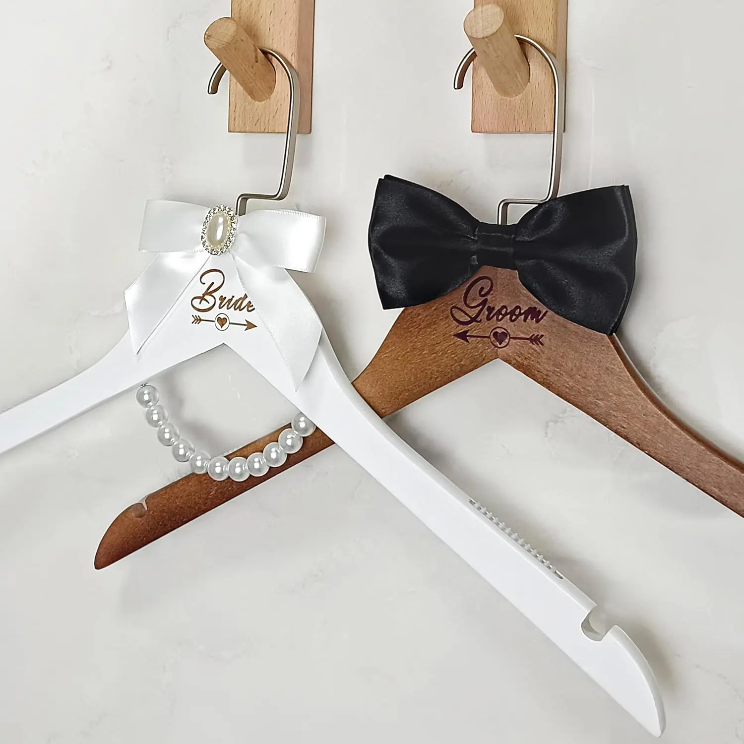Pair of Bride Hanger Wooden Wedding Dress Non-Slip  Hangers Groom Suit and Gown Hanger with Bow Tie Bridal Party Personalized  (Style 3)